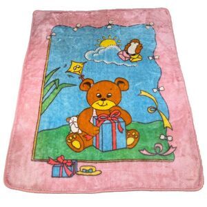 Vtg Novatex Baby Blanket Velour Teddy Bear Bird Bow‎ Sun Kite Pink Kawaii